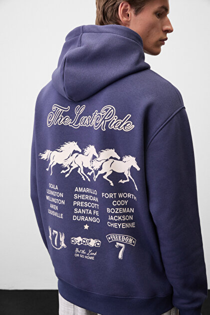 Hudsones Men's Hooded Printed Navy Blue Sweatshirt
