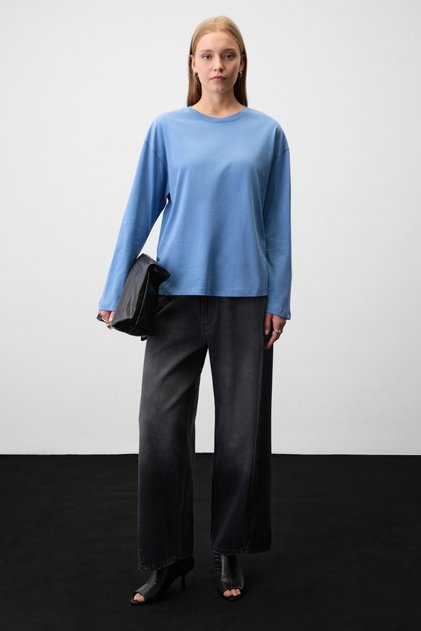 Basil flare women's organic cotton long sleeve indigo blouse