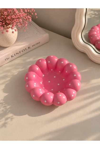 Pink Polka Dot Decorative Bowl 12 cm – Handmade Jewelry Organizer, Ring Earring Jewelry Plate, Makeup Table Decor