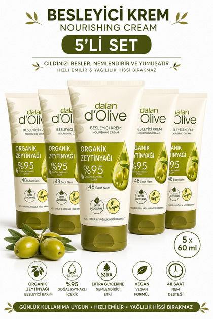 Dalan D'Olive Organic Olive Oil Nourishing Cream, 95% Naturally Sourced Ingredients 60 ml Set of 5