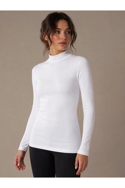 Women's White Half Turtleneck Long Sleeve Bodysuit