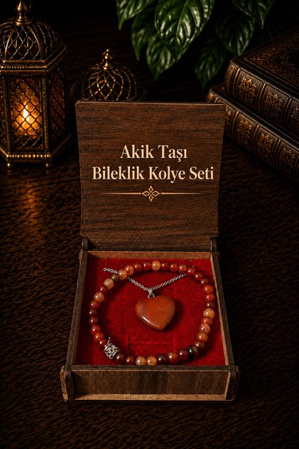 Natural Agate Stone Bracelet & Heart Necklace Set – Special Design Gift Jewelry with Wooden Box 1Pc