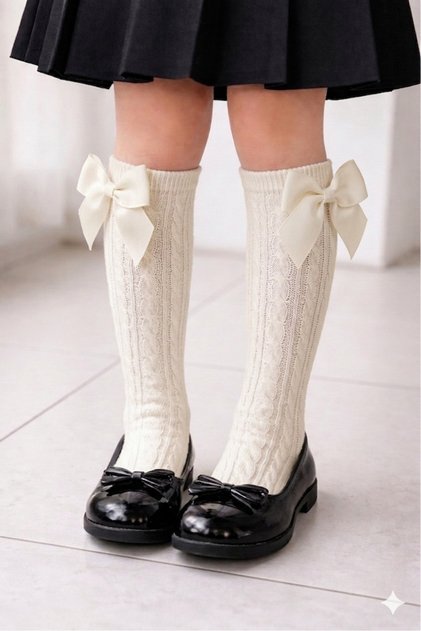 Girls' Below-Knee Bowknot-Ribbon Children's School Socks
