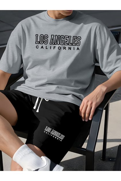 Men's Oversize Los Angeles California Printed T-Shirt Shorts Set 100% Cotton Streetwear