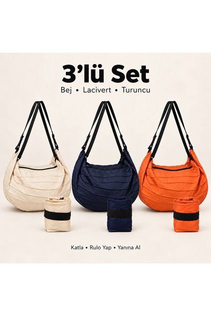 Foldable Accordion Bag Set of 3 (Beige, Orange, Navy Blue) - Shopping Travel Grocery Sports Bag Backpack