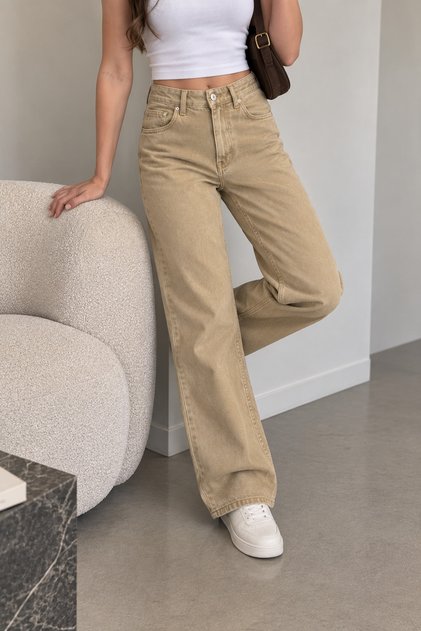 Kadın Bej Yüksek Bel Düz Geniş Paça Jean Pantolon