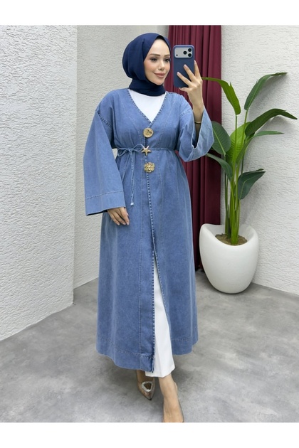 Căciulă lungă din denim cu detalii bronșice pentru femei -00750
