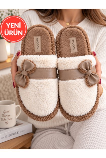 Lora Bowknot Detailed Plush House Slippers Closed Toe Soft Insole Winter House Slippers Dowry Slippers Gift Stc1348