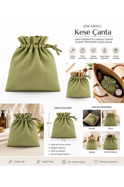 20x 20 cm Çok Amaçlı Kumaş Kese Çanta – Makyaj ve Seyahat Düzenleyici Organizer