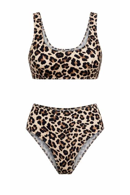 Kahverengi Leopar Askılı Yüksek Bel Bikini Takımı