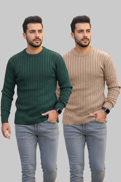 2 Pieces Slim Fit Knitwear Men's Sweater Crew Neck (Emerald Green), (Beige)