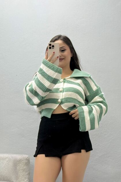 Women's Polo Collar Striped Cardigan Çağla