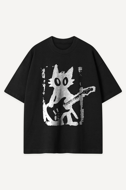 Guitar Cat Baskılı Siyah Oversize Tshirt
