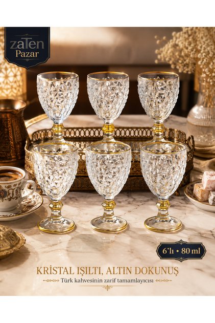 Set of 6 Gold Gilded Footed Coffee and Water Glasses 80 ml Crystal Cut Gold Liquor and Sherbet Glasses