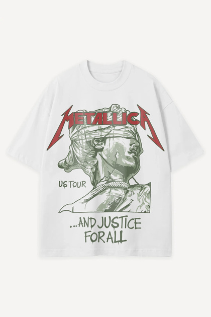 Thrash Metal Justice Printed White Oversize Unisex T-Shirt