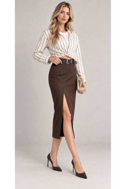 Brown Slit Belted Skirt