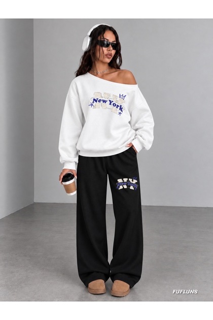 New York Ny Printed Women's Boat Neck Sweatshirt/Top Tracksuit Set