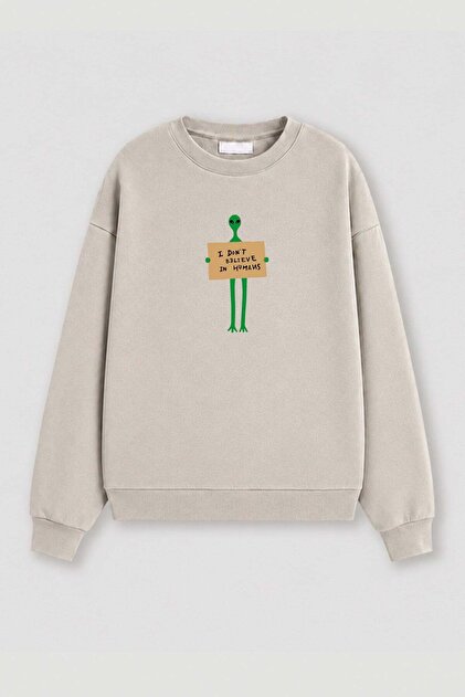 Kadın Premium Kumaş 3 İplik Şardonlu Uzaylı Baskılı Sweatshirt