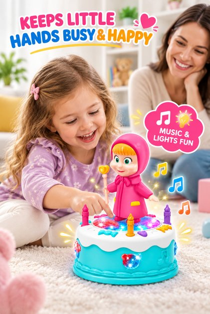 Girl Masha Electric Cake Toy for Kids Ages 3+ – Battery-Operated Music & Lights Cake Toy with Pink Girl Figure, Colorful Light Effects & Interactive Play Design