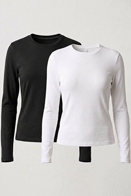 2-Pack 95% Cotton 5% Lycra Body-Fitting Magic Fit Women's Slim Fit Stretch Long Sleeve T-Shirt Compact Combed Single Jersey Slim Fit Flexible Basic Black White T-Shirt Elastane Blouse
