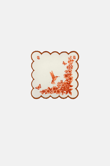 Orange Floral Hummingbird Embroidery Edge Cocktail Napkin 1 Piece
