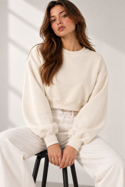 Kadın Crop Sweatshirt Bisiklet Yaka Uzun Kollu Basic Günlük Sweat