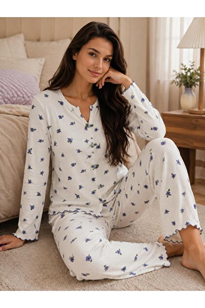 Women's Long Sleeve Blue Floral Pattern 100% Cotton Ribbed Pajama Set
