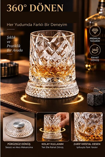 360° Dönen Premium Metal Rulmanlı Cam Bardak | Kristal Desenli Premium Kokteyl ve İçecek Bardağı 270 ML