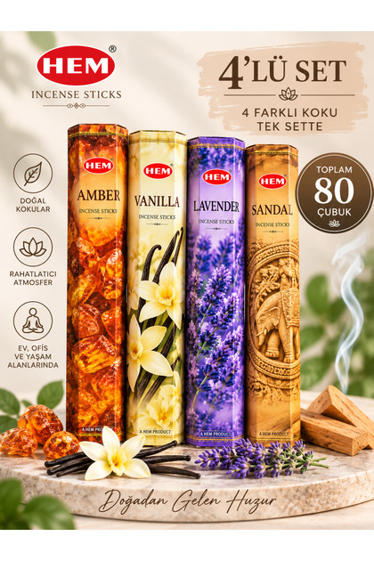 Çubuk Tütsü 4'lü Set 80 Adet – Amber, Vanilya, Lavanta, Sandal