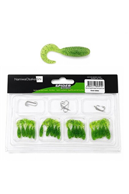NaniwaOsakaShi Spider 2.5cm Orak Kuyruk 20 Silikon + 10 İğne LRF Yem Seti Green Glitter