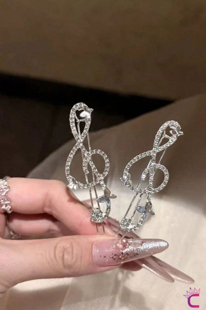 2'li Sol Anahtarı Gümüş Taşlı Kelebekli Kıstırmalı Yan Saç Tokası 7cm - Müzik Notalı Klipsli Toka