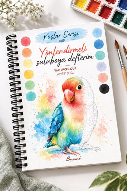 Yönlendirmeli Sulu Boya Boyama Kitabı, 14 Farklı Tasarım, Yetişkin ve Çocuklar İçin Sulu Boya Workbook - Kuşlar Serisi