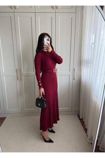 HELENA KEMERLI TRIKO ELBISE BORDO