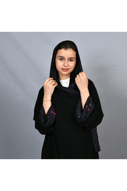 Black Abaya with Cute Cherry Print Padded Sleeves