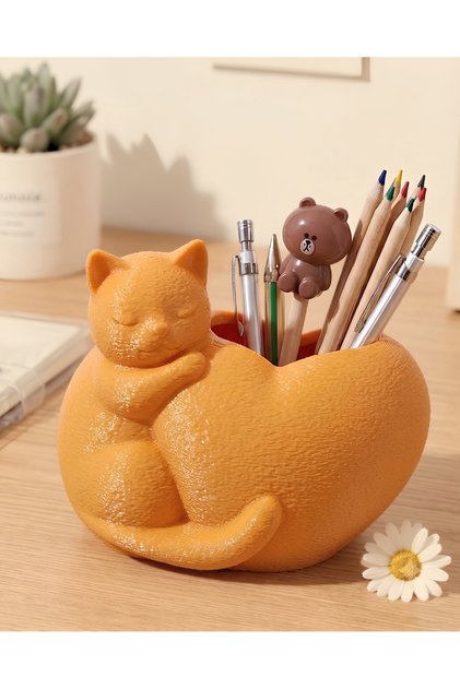 Catheart Orange Cat Shaped Embossed Desktop Organizer – Decorative Object (12X14 cm)