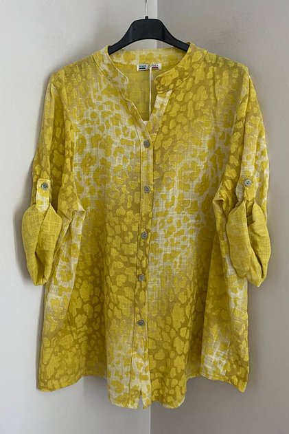 Women's Italian Yellow Tie-Dye Leopard Patterned Folded Orphan Sleeve 100% Cotton Shirt Blouse