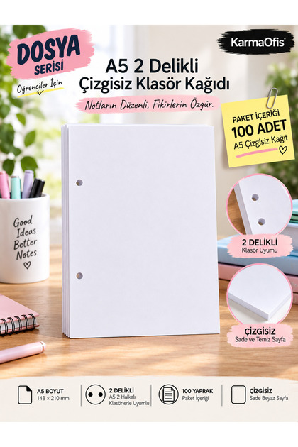 A5 2-Hole Unlined Folder Paper – Compatible with 2-Ring Binders, 100 Sheets Option