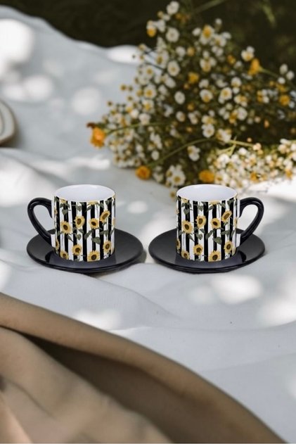 Sunflower Patterned Black and White Striped 2-Piece Turkish Coffee Cups