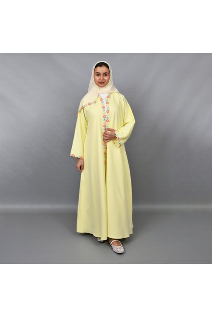 Stylish Yellow Abaya with Colorful Flower Embroidery