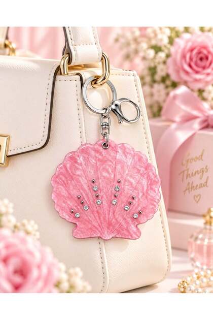 Pink Stone Sea Shell Mirrored Keychain Bag Charm