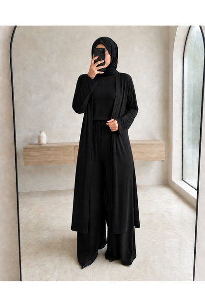 طقم نسائي من الفيسكون الثلاثي من ألا - سترة طويلة مشقوقة، وتونيك، وبنطلون بالازو