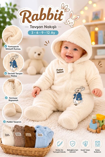 Rabbit Tavşan Nakışlı Tüylü Erkek Bebek Tulumu – Fermuarlı, Patikli | 3-6-9-12 Ay