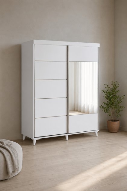 Sürgülü Gardırop Aynalı Kapaklı Elbise Dolabı 165 Cm 5 Raflı 3 Askılı Yatak Odası