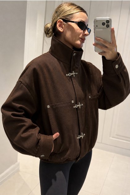 Japanese Button Detail Stand Collar Gabardine Fabric Oversize Canvas Women's Bomber Jacket