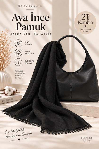 Modakaşmir Aya Thin Cotton Shawl & Women's Shoulder Bag 2-Piece Combination – 5 Color Options