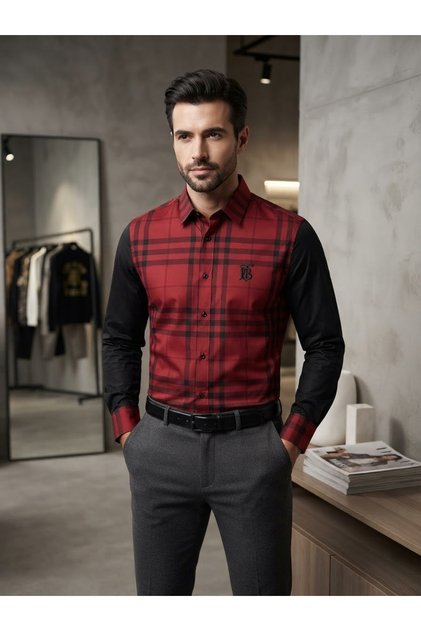 Men's Slim Fit Long Sleeve Plaid Patterned 100% Cotton Shirt