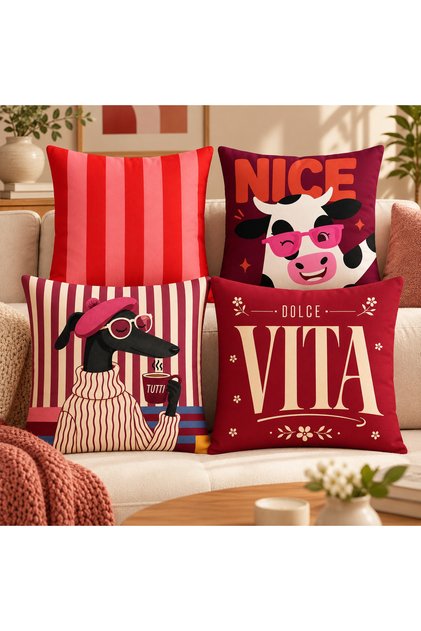Modern Decorative Set of 4 Red Retro Throw Pillow Covers with Fun Cow and Dog Patterns and Vita Writing