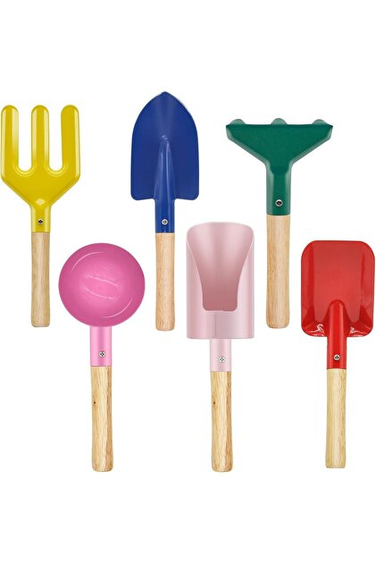 6-Piece Kids Garden and Beach Tool Set,Metal Shovel,Rake,Fork,and Trowel with Hardwood Handles