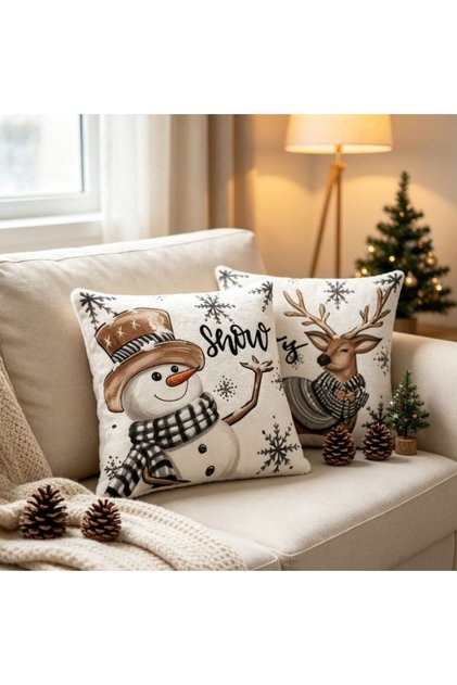 Produs Crăciun, Husă pernă din țesătură moale cu imprimeu, culoare bej, 45x45cm, fără umplutură, modele livrate aleatoriu, decor interior de sărbători