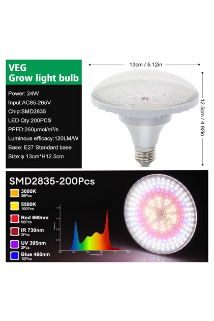 VEG GRAXGROW 24W E27 Growth Bulb Six Spectral Beads Formation Aluminum Lamp Body Is Suitable For Gro
